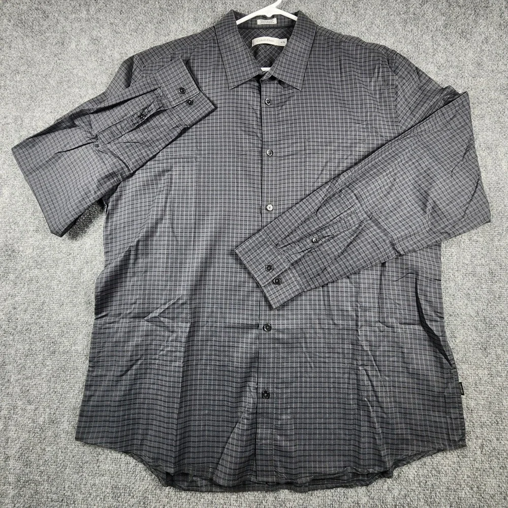 Calvin Klein Mens XL Grey Black Check Cotton Long Sleeve Button Down Shirt - Picture 1 of 7